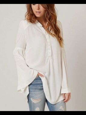 Free People Cream Long-Sleeve Button Placket Tunic